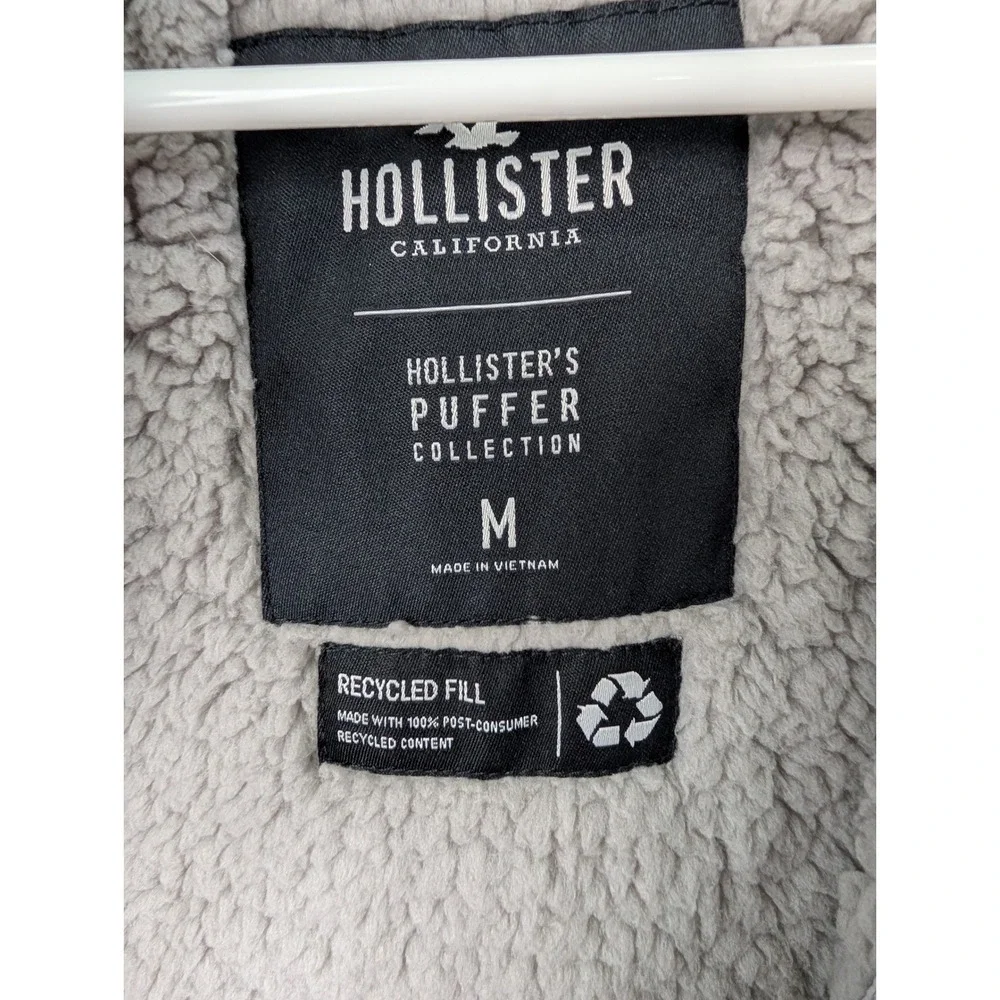 Hollister Puffer Jacket Womens Medium Gray Faux Fur Hood Sherpa Lined